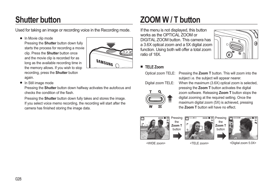 Shutter button, Zoom w / t button, Tele zoom | Samsung EC-SL310BBA-US User Manual | Page 29 / 108