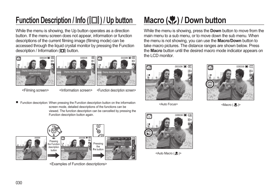 Function description / info ( ) / up button, Macro ( ) / down button | Samsung EC-SL310BBA-US User Manual | Page 31 / 108