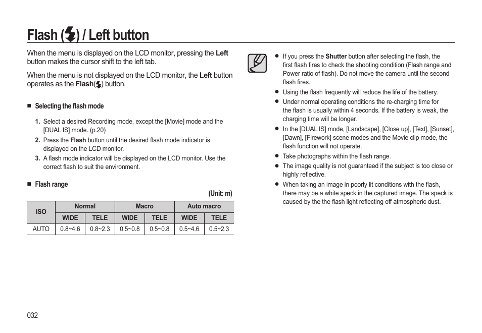 Flash ( ) / left button | Samsung EC-SL310BBA-US User Manual | Page 33 / 108