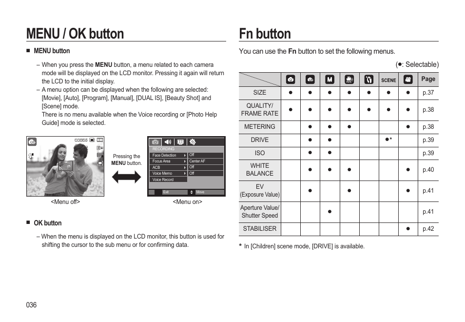 Menu / ok button fn button, Menu button, Ok button | Selectable) | Samsung EC-SL310BBA-US User Manual | Page 37 / 108