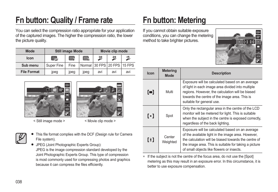 Fn button: quality / frame rate, Fn button: metering | Samsung EC-SL310BBA-US User Manual | Page 39 / 108