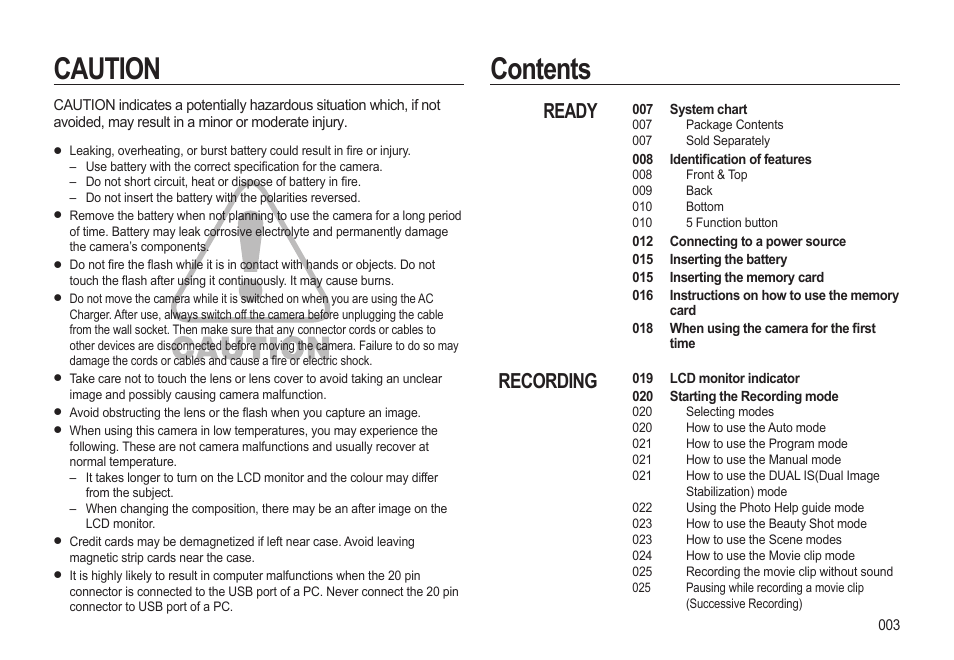 Caution contents, Ready recording | Samsung EC-SL310BBA-US User Manual | Page 4 / 108