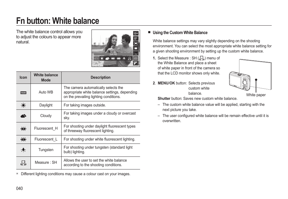 Fn button: white balance | Samsung EC-SL310BBA-US User Manual | Page 41 / 108