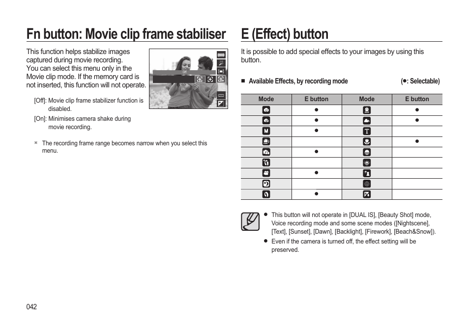 E (effect) button, Fn button: movie clip frame stabiliser | Samsung EC-SL310BBA-US User Manual | Page 43 / 108