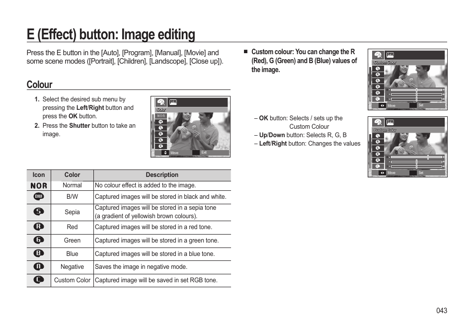 E (effect) button: image editing, Colour | Samsung EC-SL310BBA-US User Manual | Page 44 / 108