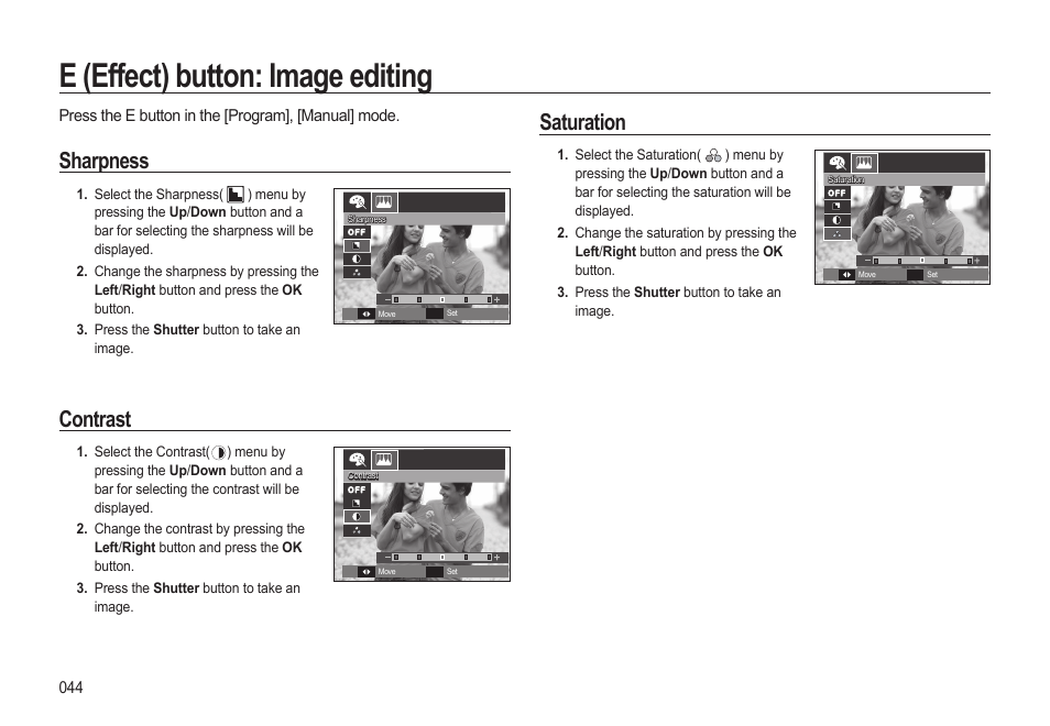 E (effect) button: image editing, Saturation, Sharpness | Contrast | Samsung EC-SL310BBA-US User Manual | Page 45 / 108