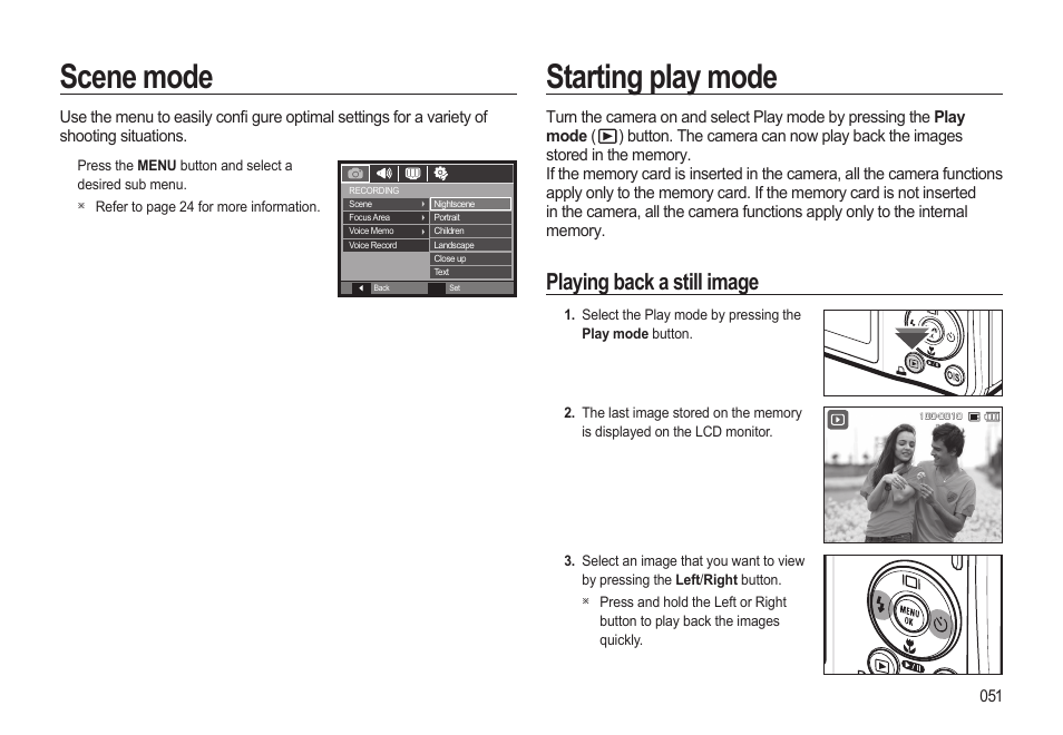 Starting play mode, Scene mode, Playing back a still image | Samsung EC-SL310BBA-US User Manual | Page 52 / 108