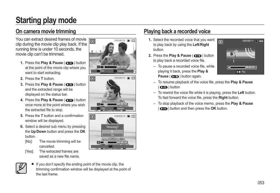 Starting play mode, On camera movie trimming, Playing back a recorded voice | Samsung EC-SL310BBA-US User Manual | Page 54 / 108