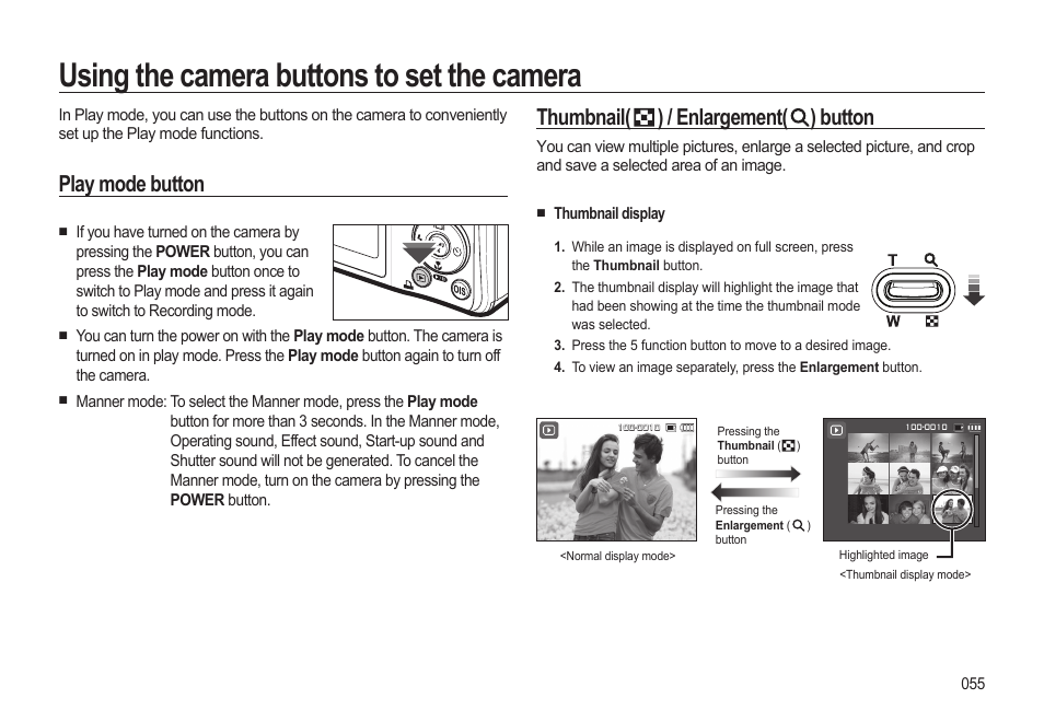 Using the camera buttons to set the camera, Thumbnail( ) / enlargement( ) button, Play mode button | Thumbnail display | Samsung EC-SL310BBA-US User Manual | Page 56 / 108