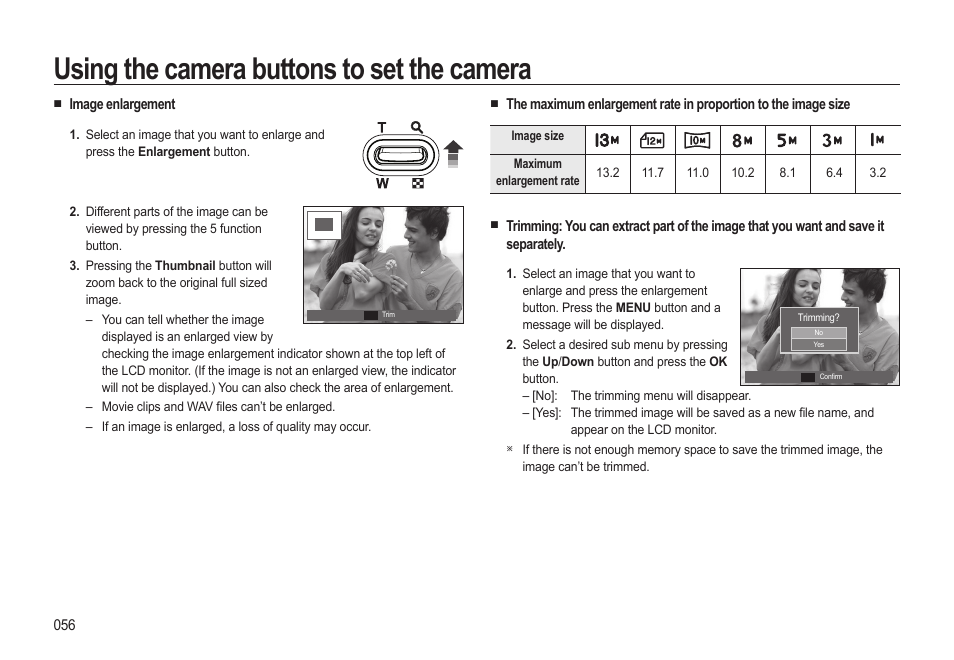 Using the camera buttons to set the camera | Samsung EC-SL310BBA-US User Manual | Page 57 / 108