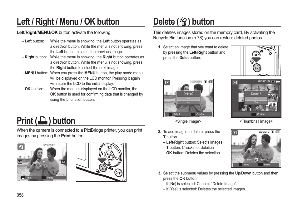 Left / right / menu / ok button, Print ( ) button, Delete ( ) button | Samsung EC-SL310BBA-US User Manual | Page 59 / 108