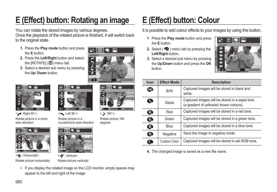 E (effect) button: rotating an image, E (effect) button: colour | Samsung EC-SL310BBA-US User Manual | Page 61 / 108