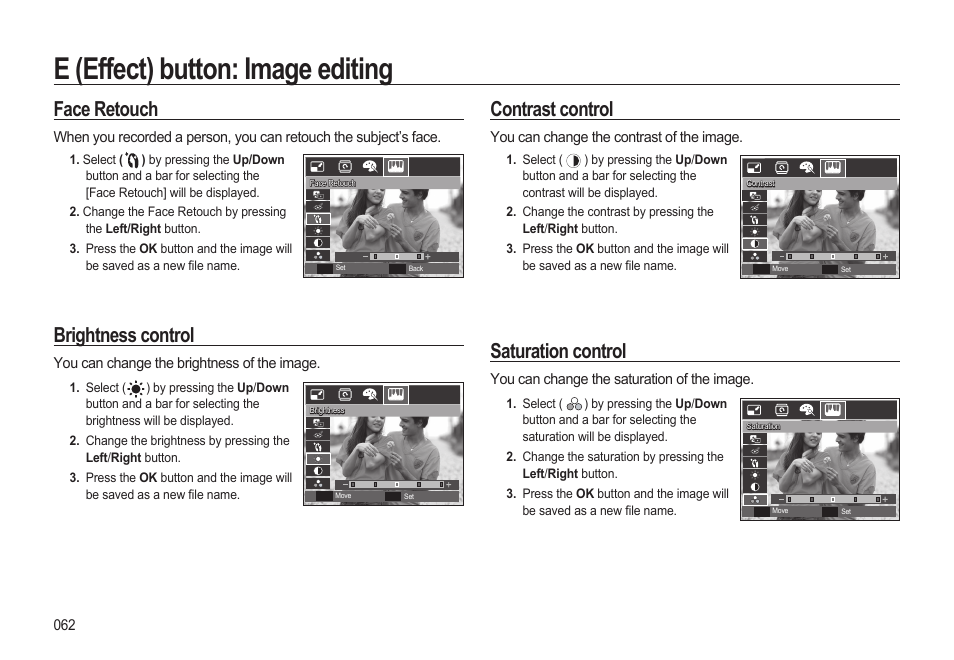 E (effect) button: image editing, Face retouch, Brightness control | Contrast control, Saturation control | Samsung EC-SL310BBA-US User Manual | Page 63 / 108