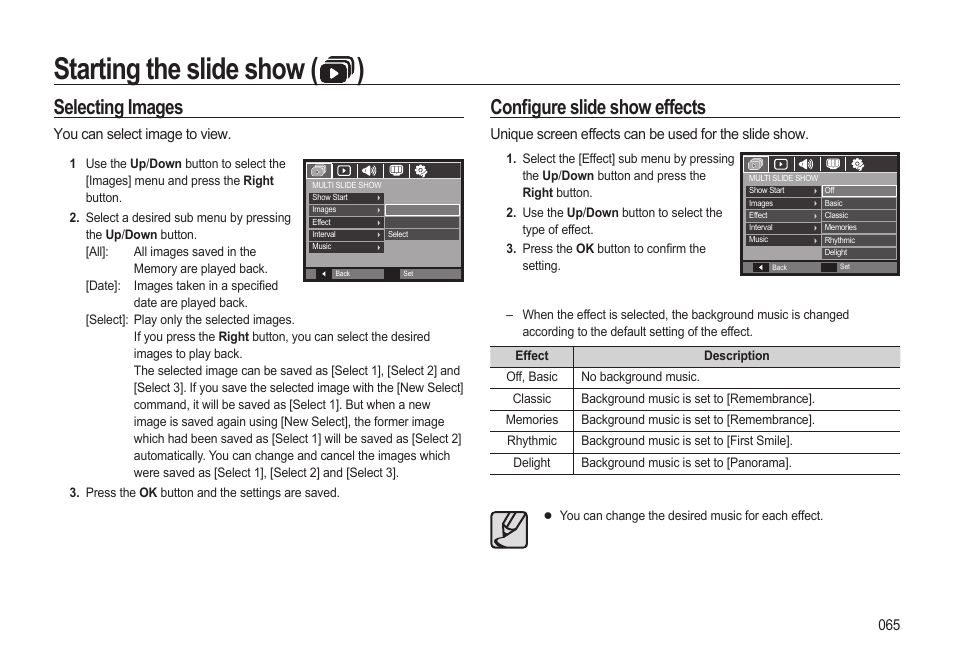 Starting the slide show ( ), Selecting images, Confi gure slide show effects | Samsung EC-SL310BBA-US User Manual | Page 66 / 108