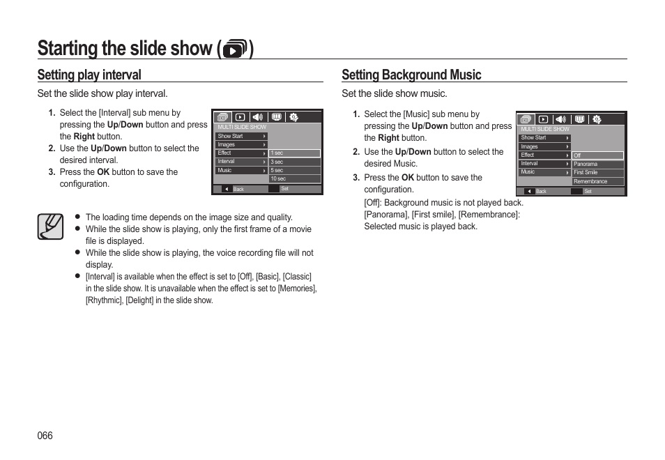 Starting the slide show ( ), Setting play interval, Setting background music | Samsung EC-SL310BBA-US User Manual | Page 67 / 108