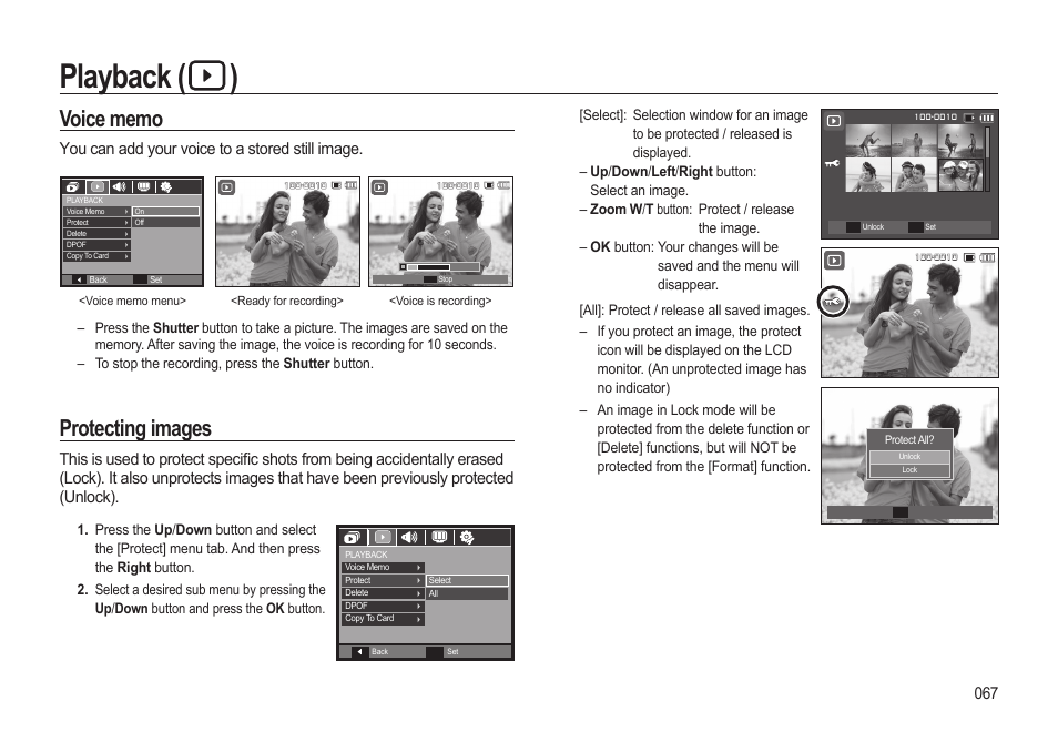 Playback ( ), Protecting images, You can add your voice to a stored still image | Samsung EC-SL310BBA-US User Manual | Page 68 / 108