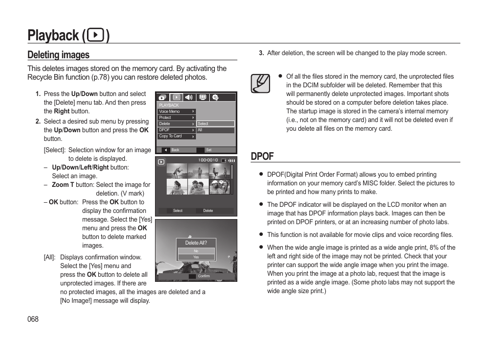 Playback ( ), Deleting images, Dpof | Samsung EC-SL310BBA-US User Manual | Page 69 / 108