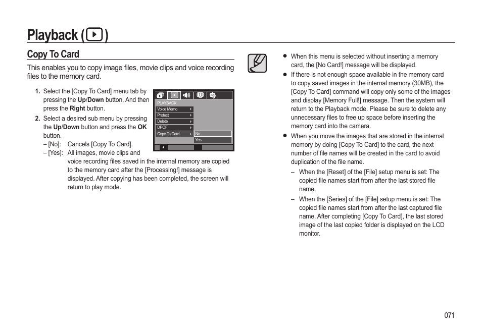 Playback ( ), Copy to card | Samsung EC-SL310BBA-US User Manual | Page 72 / 108