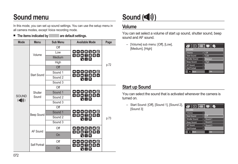 Sound menu, Sound ( ), Volume | Start up sound | Samsung EC-SL310BBA-US User Manual | Page 73 / 108