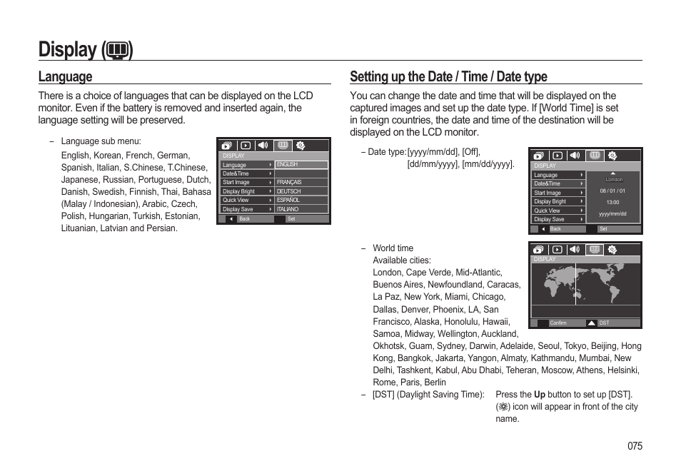 Display ( ), Language, Setting up the date / time / date type | Samsung EC-SL310BBA-US User Manual | Page 76 / 108