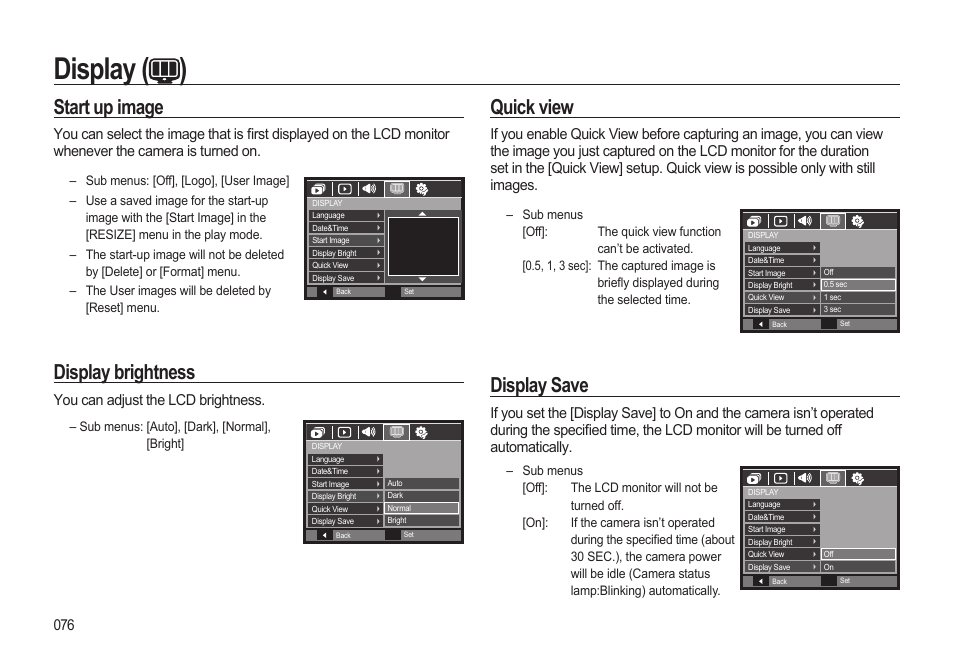 Display ( ), Start up image, Display brightness | Quick view, Display save | Samsung EC-SL310BBA-US User Manual | Page 77 / 108