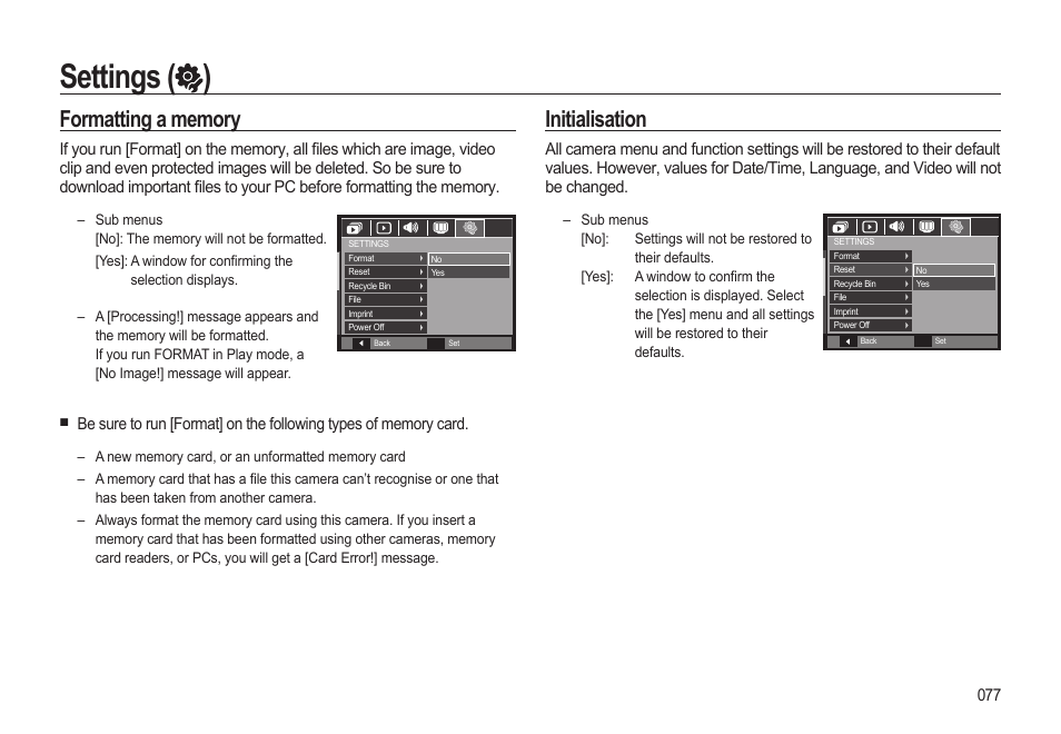 Settings ( ), Initialisation | Samsung EC-SL310BBA-US User Manual | Page 78 / 108