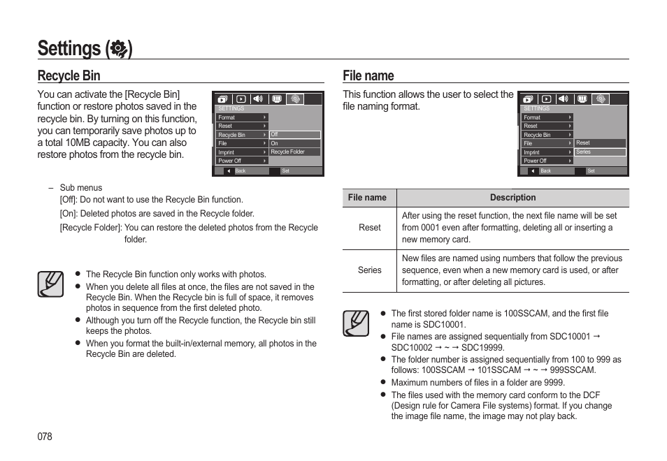 Settings ( ), Recycle bin, File name | Samsung EC-SL310BBA-US User Manual | Page 79 / 108