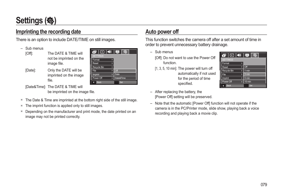Settings ( ), Auto power off, Imprinting the recording date | Samsung EC-SL310BBA-US User Manual | Page 80 / 108