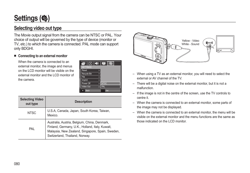 Settings ( ), Selecting video out type | Samsung EC-SL310BBA-US User Manual | Page 81 / 108