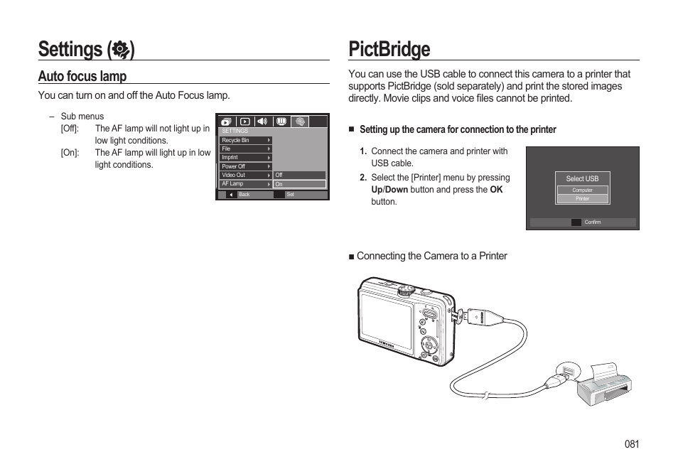 Pictbridge, Settings ( ), Auto focus lamp | Samsung EC-SL310BBA-US User Manual | Page 82 / 108