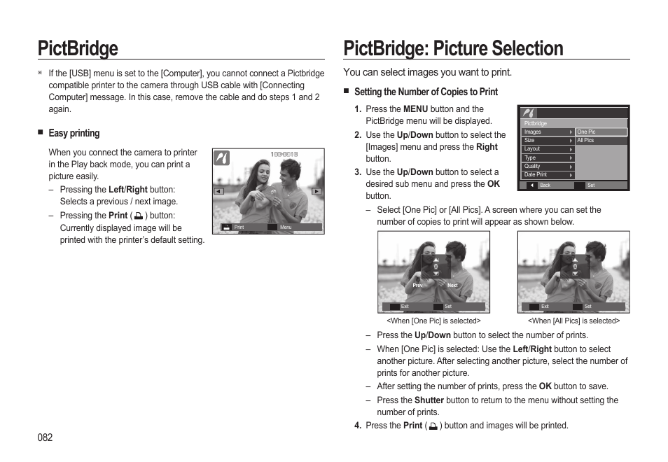 Pictbridge, Pictbridge: picture selection, Easy printing | You can select images you want to print, Setting the number of copies to print | Samsung EC-SL310BBA-US User Manual | Page 83 / 108