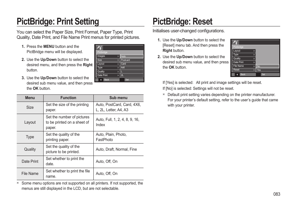 Pictbridge: print setting, Pictbridge: reset | Samsung EC-SL310BBA-US User Manual | Page 84 / 108