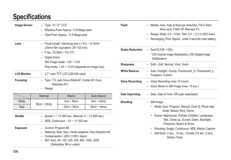 Specifi cations | Samsung EC-SL310BBA-US User Manual | Page 97 / 108