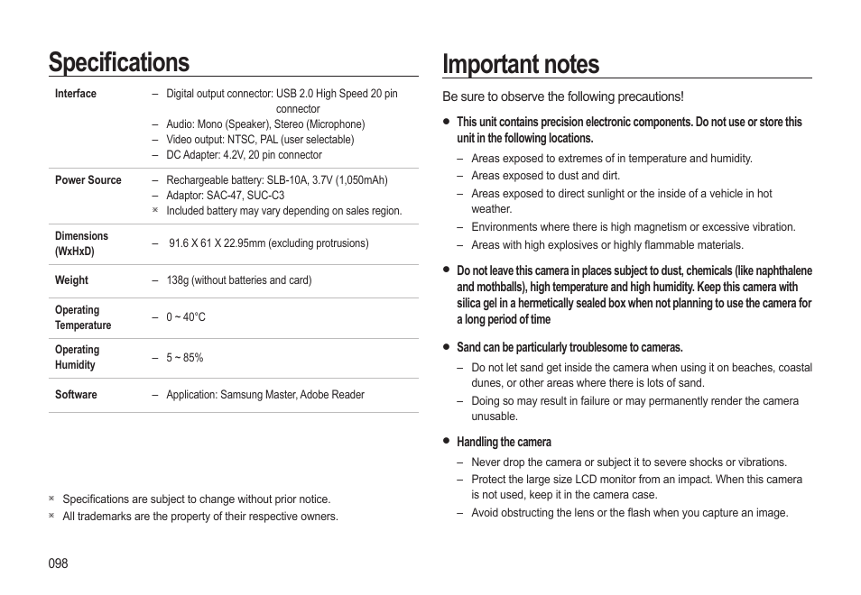 Specifi cations | Samsung EC-SL310BBA-US User Manual | Page 99 / 108