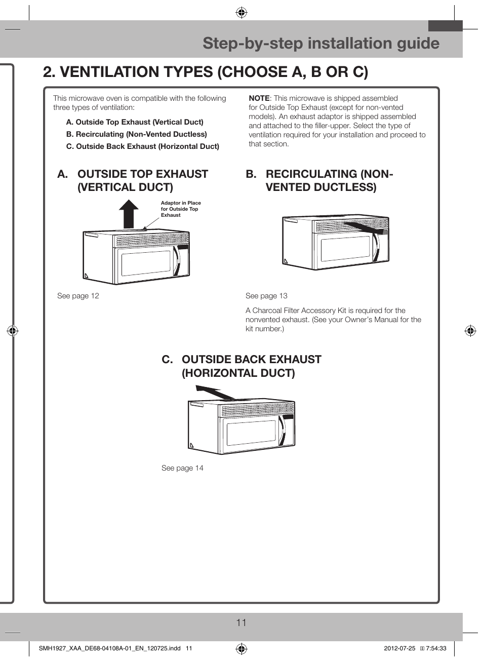Ventilation types (choose a, b or c), Step-by-step installation guide, C. outside back exhaust (horizontal duct) | D. aligning the wall plate | Samsung SMH1927S-XAA User Manual | Page 11 / 20