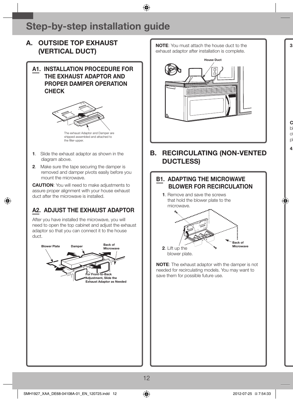 A. outside top exhaust (vertical duct), A1. installation procedure for exhaust, Adaptor and proper damper operation | Check, A2. adjust the exhaust adaptor, B. recirculating (non-vented ductless), B1. adapting the microwave blower for, Recirculation, Step-by-step installation guide | Samsung SMH1927S-XAA User Manual | Page 12 / 20