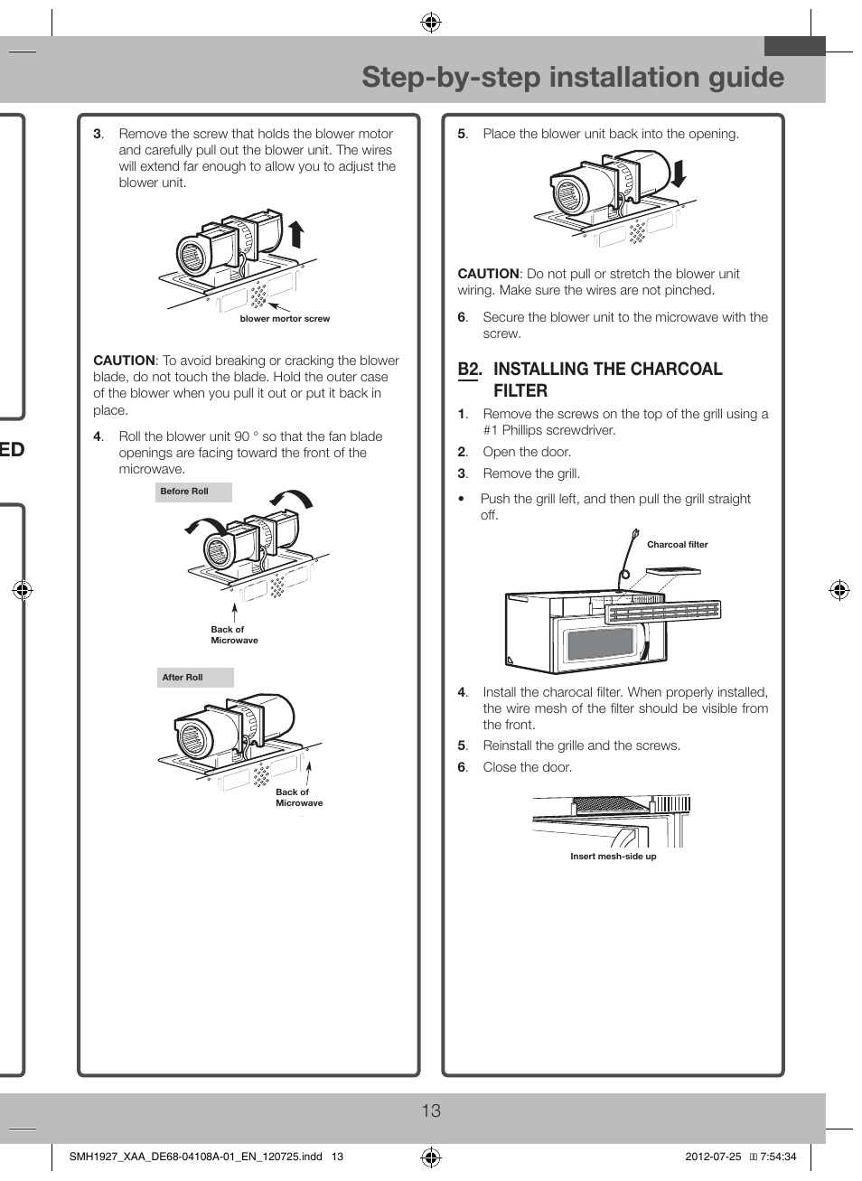 B2. installing the charcoal filter, Step-by-step installation guide, B. recirculating (non-vented ductless) | Samsung SMH1927S-XAA User Manual | Page 13 / 20
