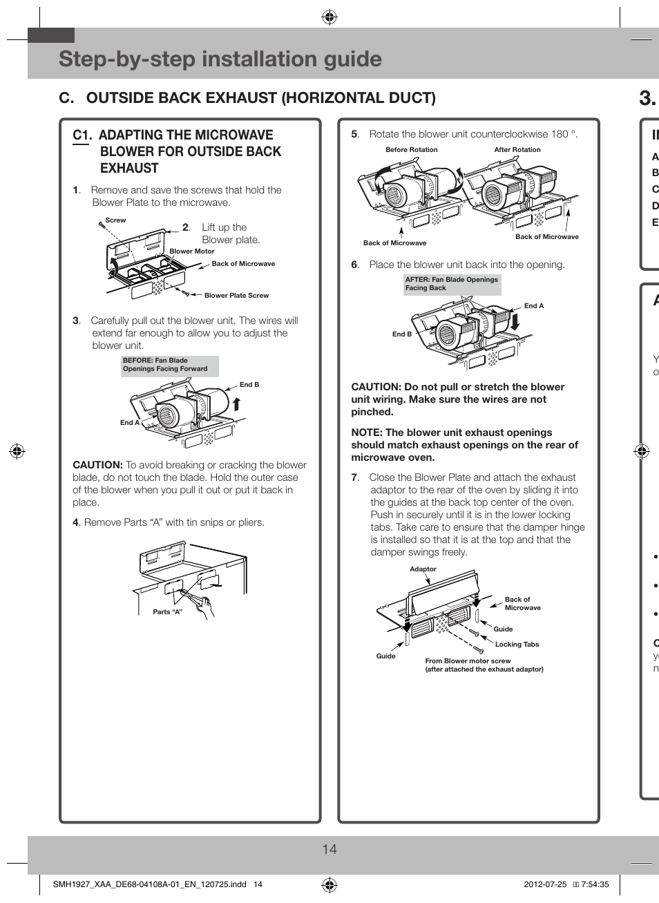 C. outside back exhaust (horizontal duct) 14, C1. adapting the microwave blower for, Outside back exhaust | Step-by-step installation guide, Installation, C. outside back exhaust (horizontal duct), Installation overview | Samsung SMH1927S-XAA User Manual | Page 14 / 20