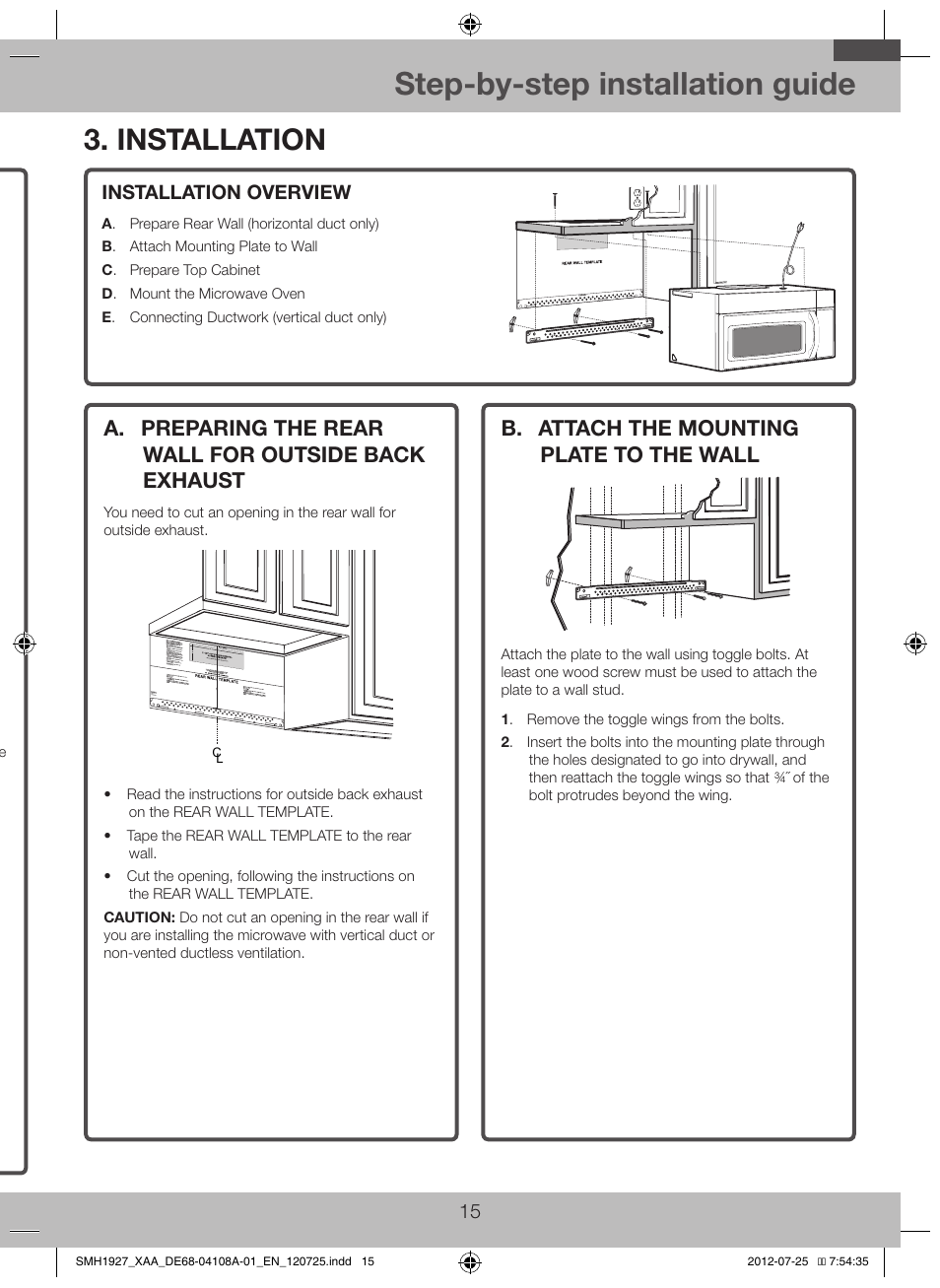 Installation, A. preparing the rear wall for outside back, Exhaust | B. attach the mounting plate to the wall . 15, Step-by-step installation guide, C. outside back exhaust (horizontal duct), B. attach the mounting plate to the wall | Samsung SMH1927S-XAA User Manual | Page 15 / 20