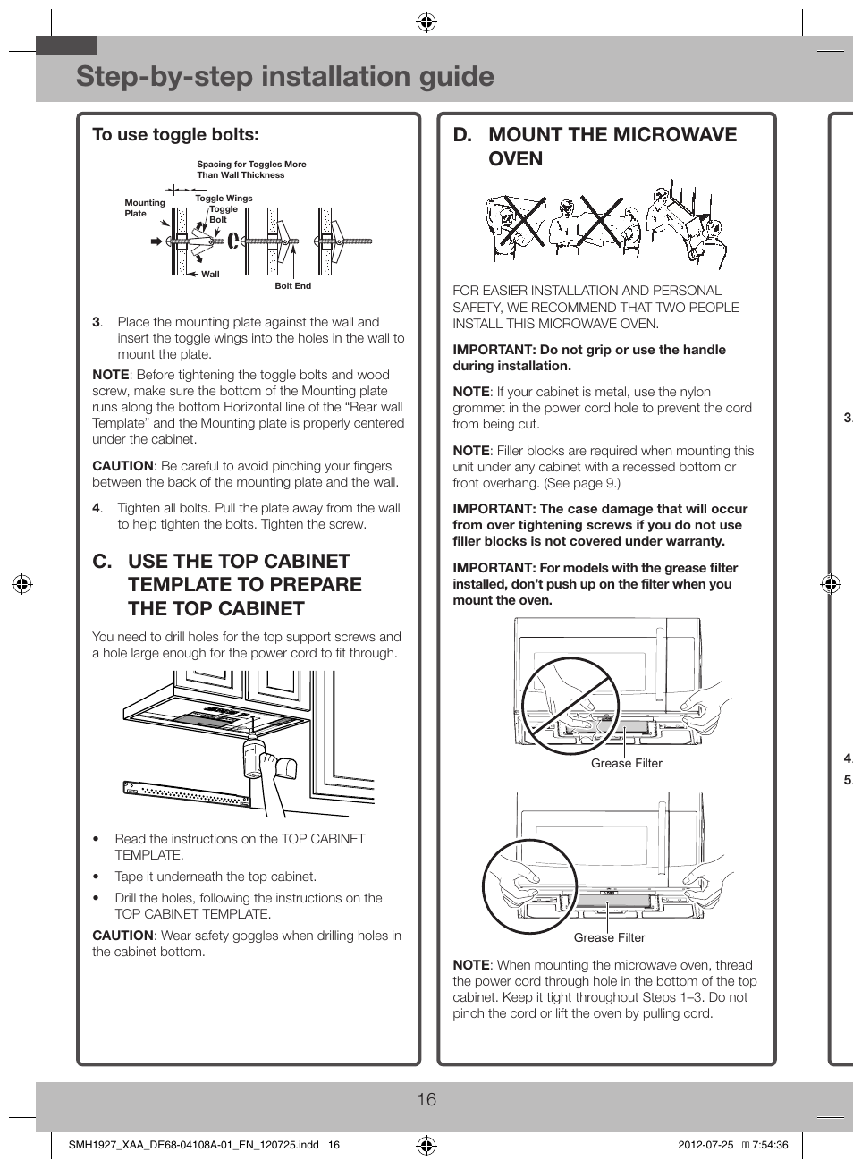 C. use the top cabinet template to prepare, The top cabinet, D. mount the microwave oven | Step-by-step installation guide | Samsung SMH1927S-XAA User Manual | Page 16 / 20