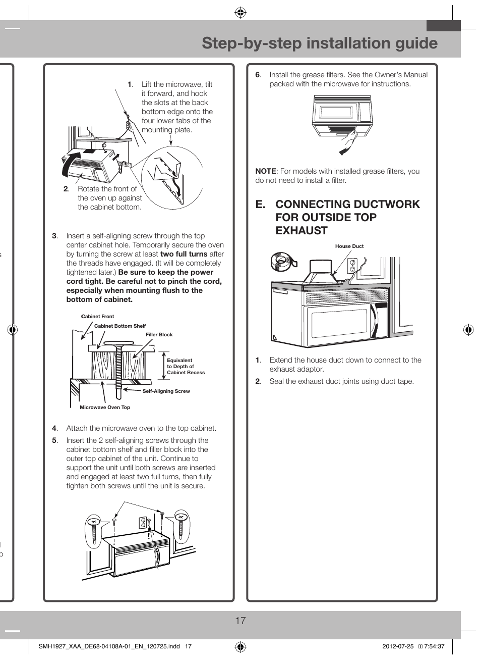 E. connecting ductwork for outside top, Exhaust, Step-by-step installation guide | D. mount the microwave oven, E. connecting ductwork for outside top exhaust | Samsung SMH1927S-XAA User Manual | Page 17 / 20