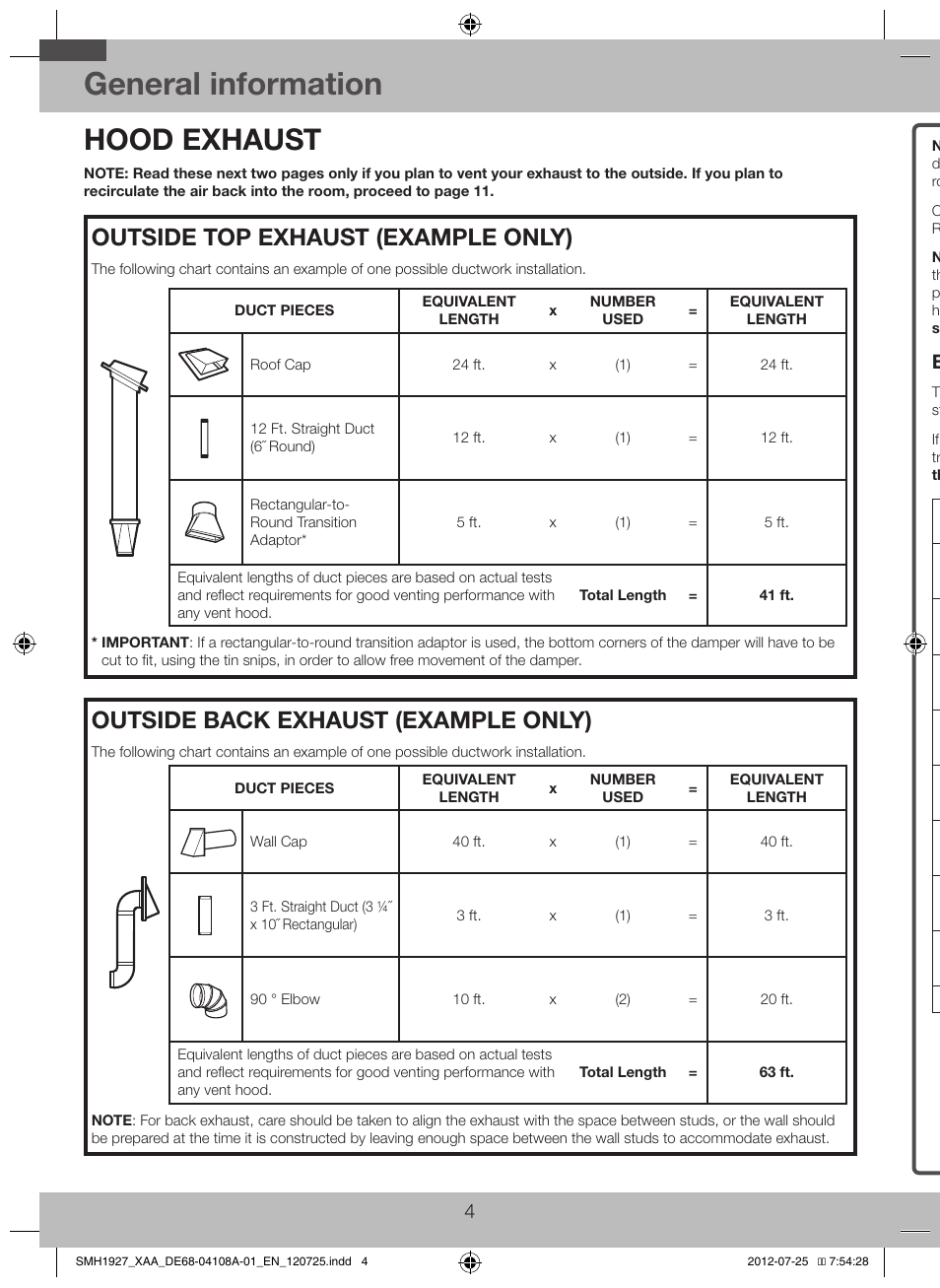 Hood exhaust, General information, Outside top exhaust (example only) | Outside back exhaust (example only), Exhaust connection, Maximum duct length, Elbows, transitions, wall and roof caps, etc | Samsung SMH1927S-XAA User Manual | Page 4 / 20