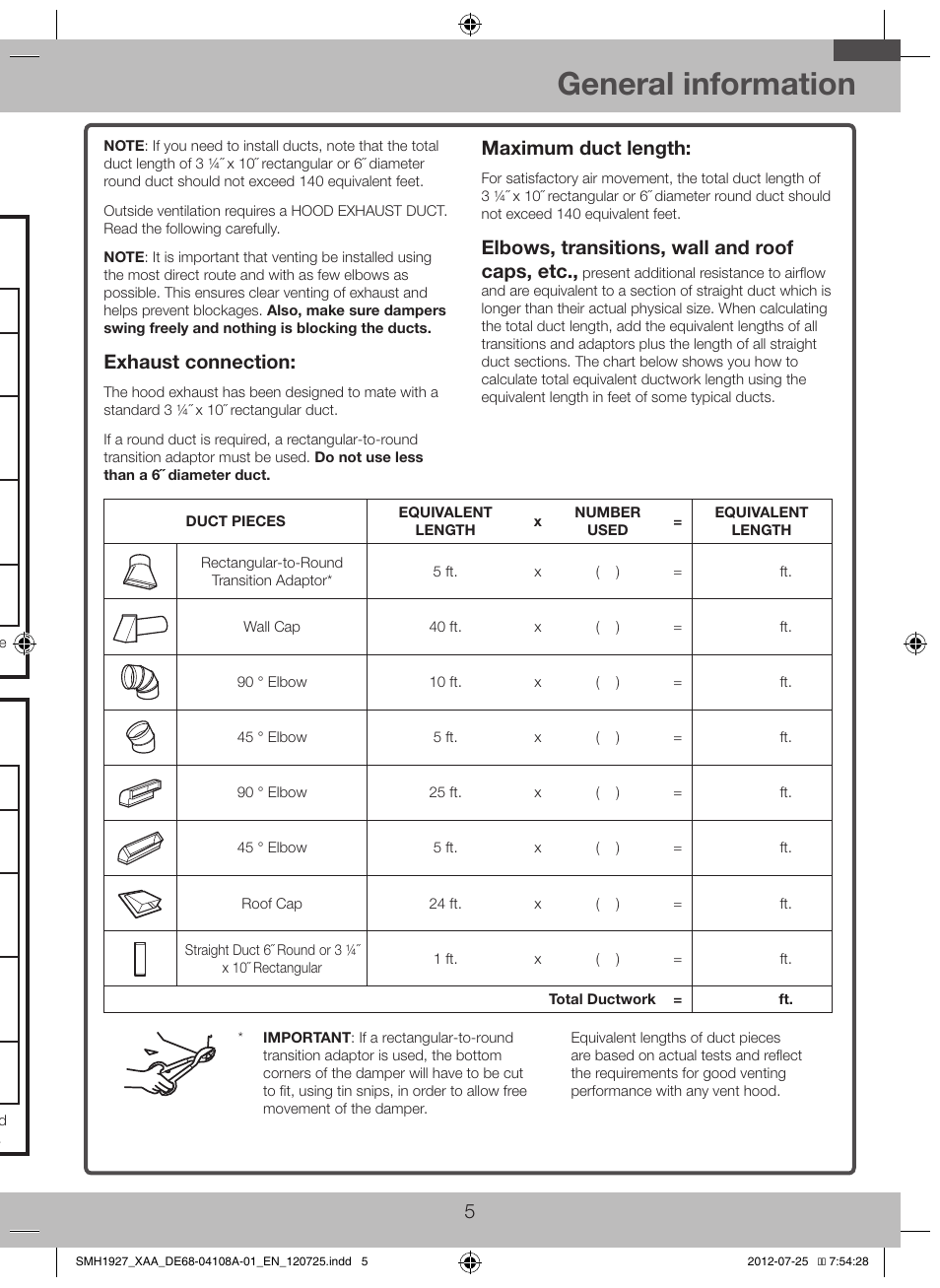 General information, Hood exhaust, Outside top exhaust (example only) | Outside back exhaust (example only), Exhaust connection, Maximum duct length, Elbows, transitions, wall and roof caps, etc | Samsung SMH1927S-XAA User Manual | Page 5 / 20