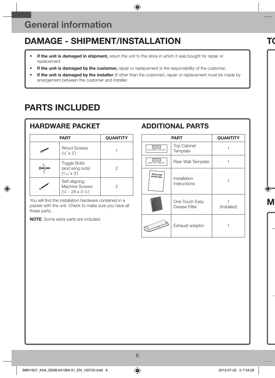 Damage - shipment/installation, Parts included, General information | Tools you will need, Mounting space, Hardware packet, Additional parts | Samsung SMH1927S-XAA User Manual | Page 6 / 20