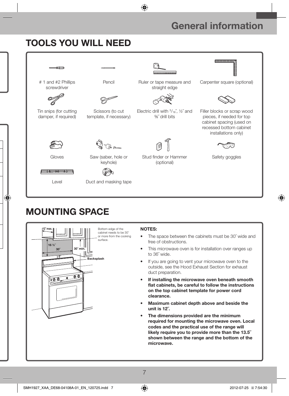 Tools you will need, Mounting space, General information | Damage - shipment/installation, Parts included, Additional parts | Samsung SMH1927S-XAA User Manual | Page 7 / 20