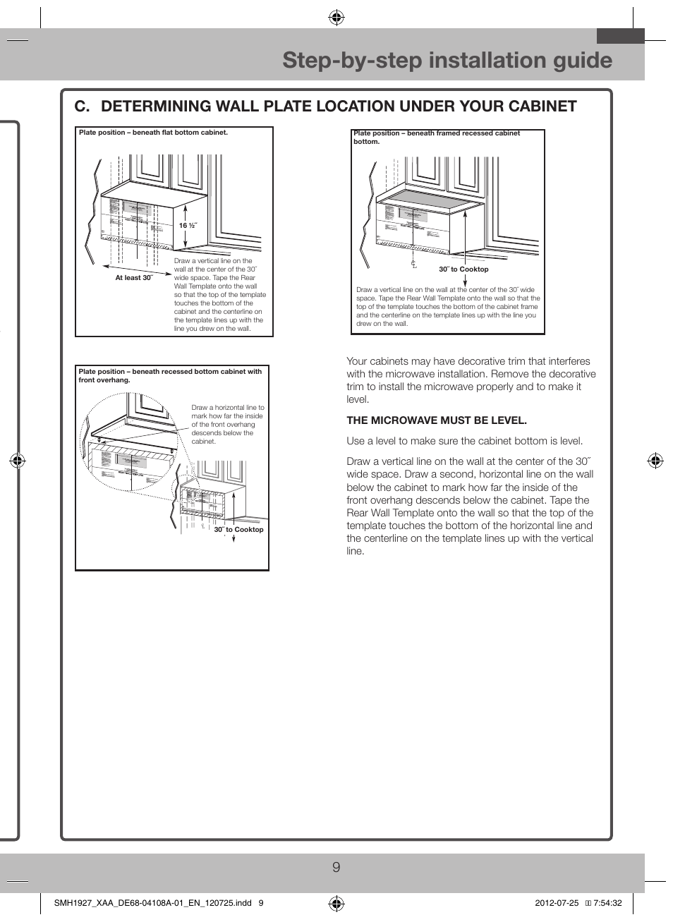 C. determining wall plate location under your, Cabinet, Step-by-step installation guide | Placement of the mounting plate, B. finding the wall studs | Samsung SMH1927S-XAA User Manual | Page 9 / 20