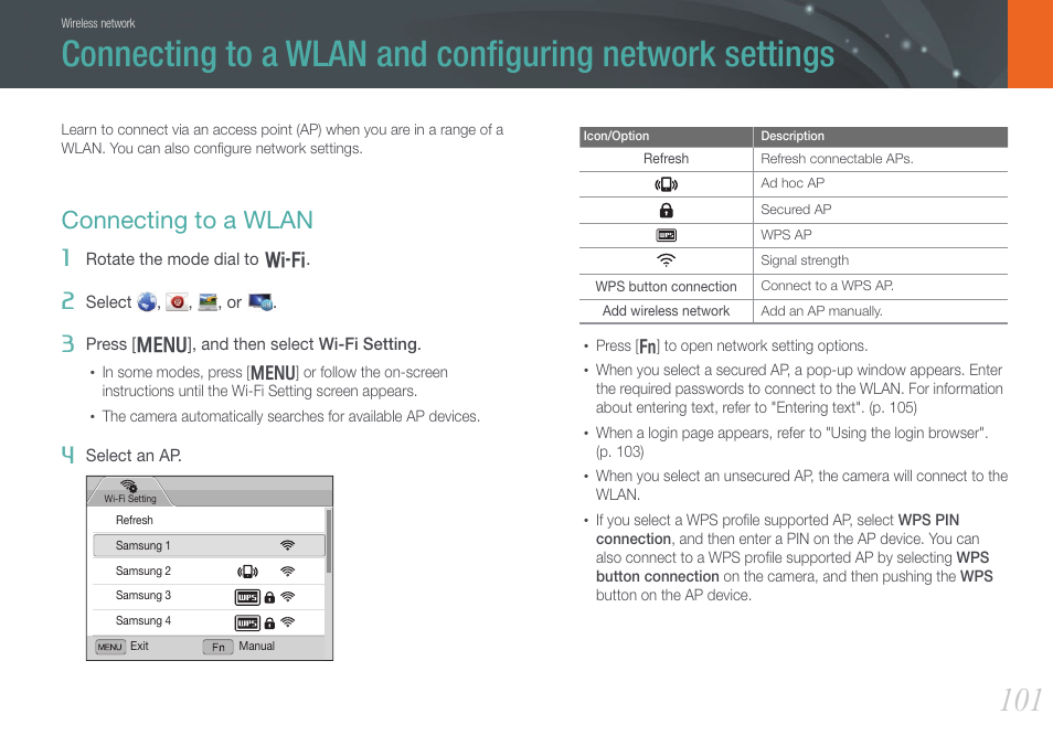Connecting to a wlan | Samsung EV-NX1000BFWUS User Manual | Page 102 / 184