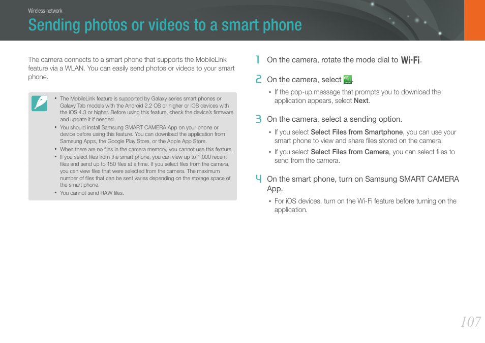 Sending photos or videos to a smart phone | Samsung EV-NX1000BFWUS User Manual | Page 108 / 184
