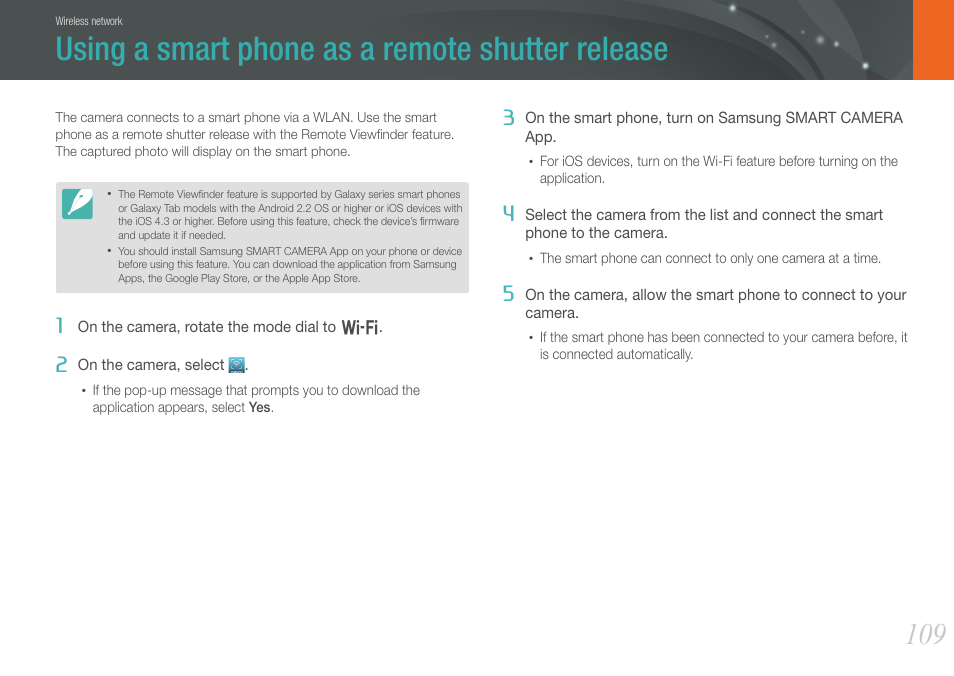 Using a smart phone as a remote shutter release | Samsung EV-NX1000BFWUS User Manual | Page 110 / 184