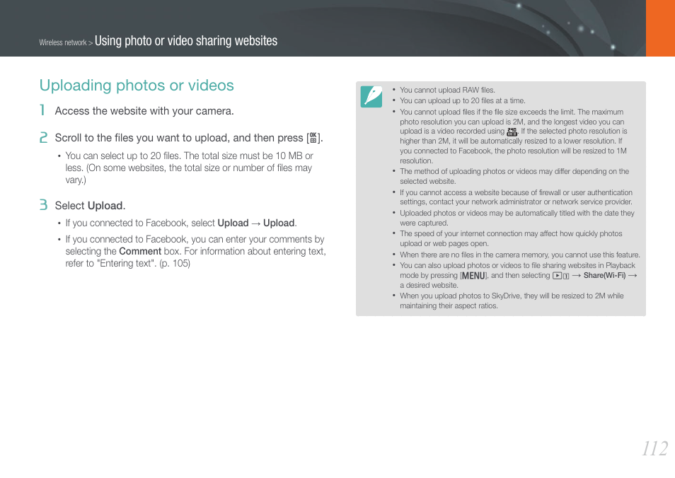 Uploading photos or videos, Using photo or video sharing websites | Samsung EV-NX1000BFWUS User Manual | Page 113 / 184